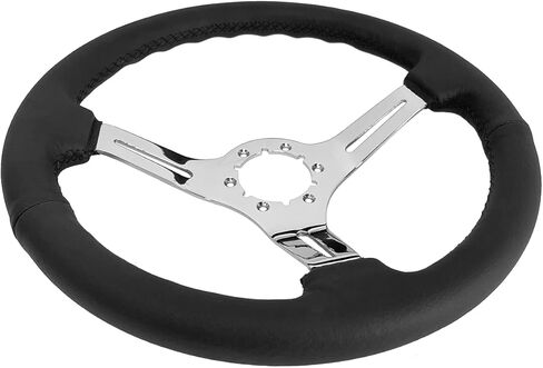 VSW S6 Steering Wheel, Black Leather 6 Bolt Chrome Slotted 3-Spoke ST3012BLK in Saudi Arabia