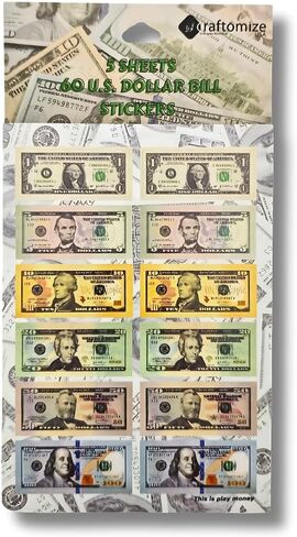 Dollar Bill Stickers, USA Play Money Stickers, U.S Dollar Sign Sticker Set, USA Dollar Sticker, 60 Pieces, 5 Sheets, Waterproof Vinyl, in Saudi Arabia
