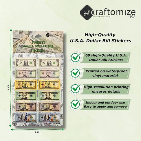 Dollar Bill Stickers, USA Play Money Stickers, U.S Dollar Sign Sticker Set, USA Dollar Sticker, 60 Pieces, 5 Sheets, Waterproof Vinyl, in Saudi Arabia