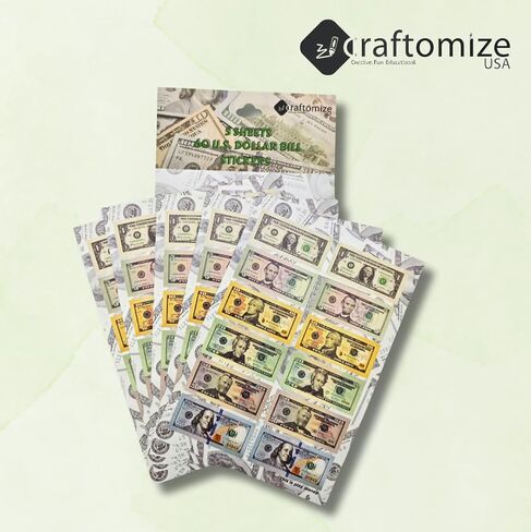 Dollar Bill Stickers, USA Play Money Stickers, U.S Dollar Sign Sticker Set, USA Dollar Sticker, 60 Pieces, 5 Sheets, Waterproof Vinyl, in Saudi Arabia