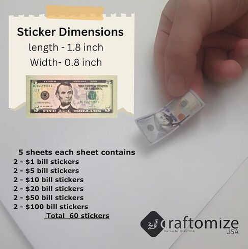Dollar Bill Stickers, USA Play Money Stickers, U.S Dollar Sign Sticker Set, USA Dollar Sticker, 60 Pieces, 5 Sheets, Waterproof Vinyl, in Saudi Arabia