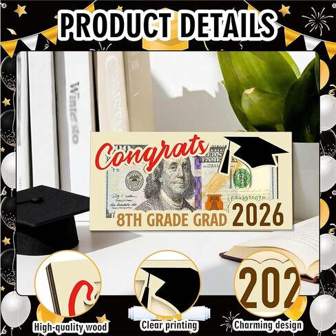 8th Grade Graduation Money Holder, Wooden Cash Gift Envelope for Middle School Graduates Class of 2026, Funny Graduation Gift Idea in Saudi Arabia