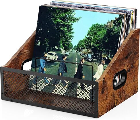 Vinyl Record Storage Crate, Vintage Style Metal & Wood Holder with Dividers for up to 60 LPs, Multipurpose Organizer for Albums, Books, Magazines, Retro Brown in Saudi Arabia