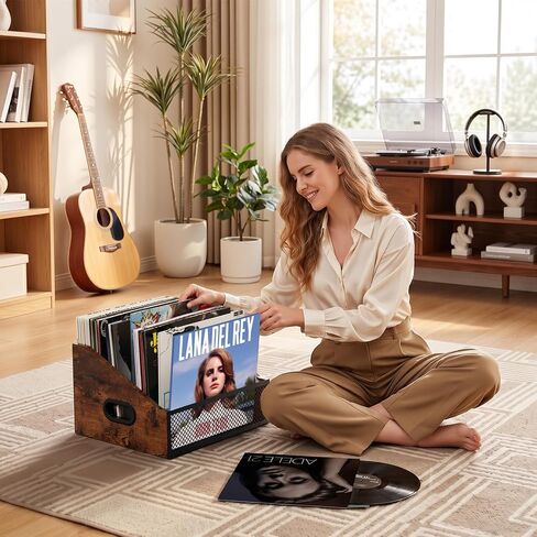 Vinyl Record Storage Crate, Vintage Style Metal & Wood Holder with Dividers for up to 60 LPs, Multipurpose Organizer for Albums, Books, Magazines, Retro Brown in Saudi Arabia