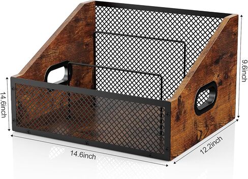 Vinyl Record Storage Crate, Vintage Style Metal & Wood Holder with Dividers for up to 60 LPs, Multipurpose Organizer for Albums, Books, Magazines, Retro Brown in Saudi Arabia