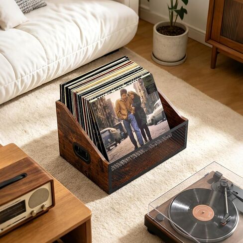 Vinyl Record Storage Crate, Vintage Style Metal & Wood Holder with Dividers for up to 60 LPs, Multipurpose Organizer for Albums, Books, Magazines, Retro Brown in Saudi Arabia