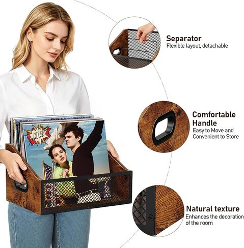 Vinyl Record Storage Crate, Vintage Style Metal & Wood Holder with Dividers for up to 60 LPs, Multipurpose Organizer for Albums, Books, Magazines, Retro Brown in Saudi Arabia