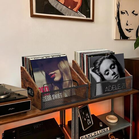 Vinyl Record Storage Crate, Vintage Style Metal & Wood Holder with Dividers for up to 60 LPs, Multipurpose Organizer for Albums, Books, Magazines, Retro Brown in Saudi Arabia