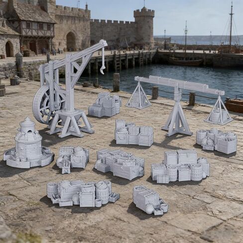 مشهد غير مطلي بمقياس 25 مم، حزمة شحن Dockside مكونة من 11 قطعة للأبراج المحصنة والتنينات وحملة الخنادق وألعاب RPG على الطاولة - البضائع والرافعة (AF1154O) in Kuwait
