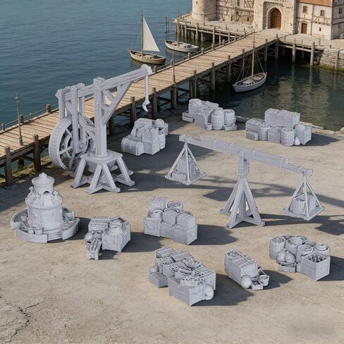 مشهد غير مطلي بمقياس 25 مم، حزمة شحن Dockside مكونة من 11 قطعة للأبراج المحصنة والتنينات وحملة الخنادق وألعاب RPG على الطاولة - البضائع والرافعة (AF1154O) in Kuwait