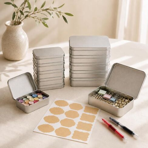 Two Sizes Metal Hinged Tin Boxes Set, 12 Pack Silver Storage Containers (6 Small 3.7x2.3x0.8 in + 6 Large 4.5x3.3x0.9 in) with Kraft Labels & 2 Pens for Crafts, Herbs, Jewelry, Travela in Saudi Arabia