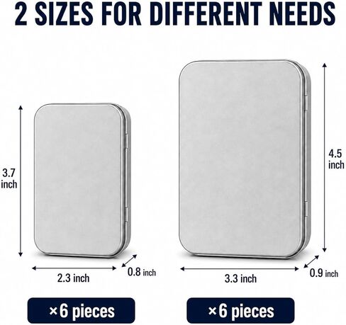 Two Sizes Metal Hinged Tin Boxes Set, 12 Pack Silver Storage Containers (6 Small 3.7x2.3x0.8 in + 6 Large 4.5x3.3x0.9 in) with Kraft Labels & 2 Pens for Crafts, Herbs, Jewelry, Travela in Saudi Arabia