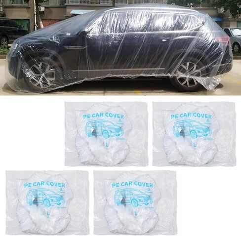 Sibba 4 Pack Disposable Car Cover, 13.1 ft x 23 ft Large Clear Plastic Car Cover Universal Vehicle Covers Waterproof Rain Dust Garage Covers with Elastic Band for Outdoor Snow/Rain Weather Protection in Kuwait