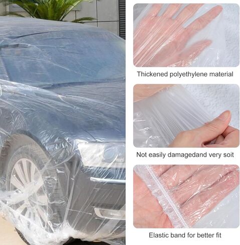 Sibba 4 Pack Disposable Car Cover, 13.1 ft x 23 ft Large Clear Plastic Car Cover Universal Vehicle Covers Waterproof Rain Dust Garage Covers with Elastic Band for Outdoor Snow/Rain Weather Protection in Kuwait