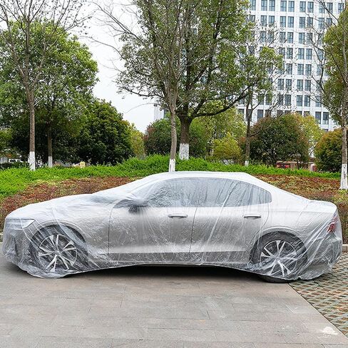 Sibba 4 Pack Disposable Car Cover, 13.1 ft x 23 ft Large Clear Plastic Car Cover Universal Vehicle Covers Waterproof Rain Dust Garage Covers with Elastic Band for Outdoor Snow/Rain Weather Protection in Kuwait