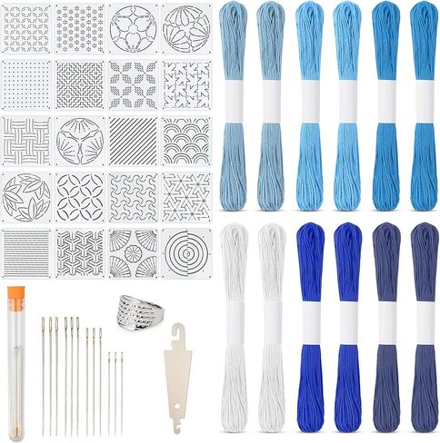 46 Pcs Sashiko Thread Kit - Skeins Blue Sashiko Thread，Sashiko Needles，Sashiko Patterns,Embroidery Projects for Sewing Hand Quilting Mending Supplies in Kuwait