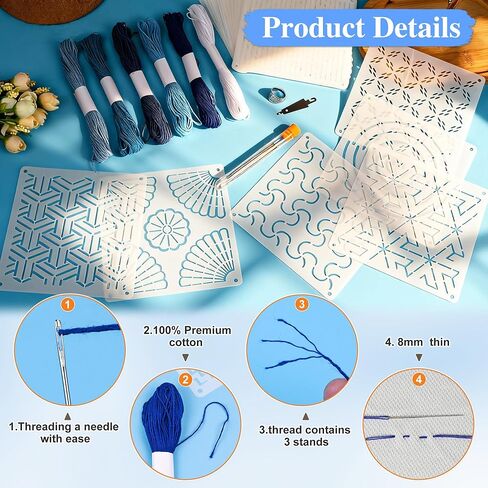 46 Pcs Sashiko Thread Kit - Skeins Blue Sashiko Thread，Sashiko Needles，Sashiko Patterns,Embroidery Projects for Sewing Hand Quilting Mending Supplies in Kuwait