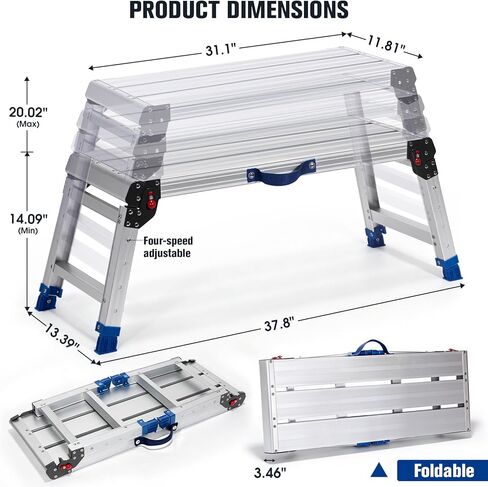 Aluminium Work Platform 700 Lbs, Portable Scaffolding Platform with One-Touch Automatic Fold, 4 Height Adjustment Step Stool, Perfect for RV Cleaning, Home Painting and Reaching High Places, Upgraded in Saudi Arabia