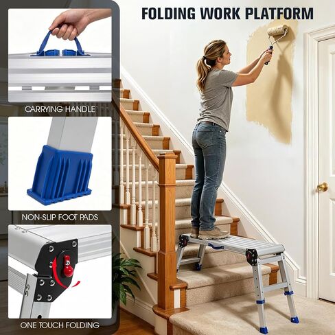 Aluminium Work Platform 700 Lbs, Portable Scaffolding Platform with One-Touch Automatic Fold, 4 Height Adjustment Step Stool, Perfect for RV Cleaning, Home Painting and Reaching High Places, Upgraded in Saudi Arabia