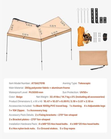 270-Degree Vehicle Awning - 52 sq.ft Waterproof UV50+ Car Side Shelter with Carry Bag for SUVs, Vans, and Trucks - All-Weather Free-Standing Overland Camping Awning in Kuwait