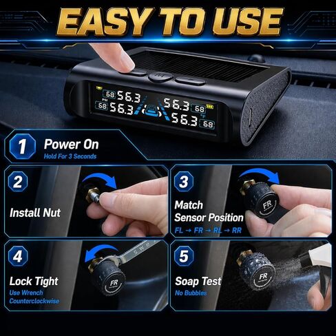 Tire Pressure Monitoring System (TPMS), Tire Pressure Monitor with Solar Charge, TPMS with 4 Sensors & 6 Alarm Modes, Real-time Tire Pressure Monitor System, 0-99PSI for MPV/SUV/Sedan in Saudi Arabia