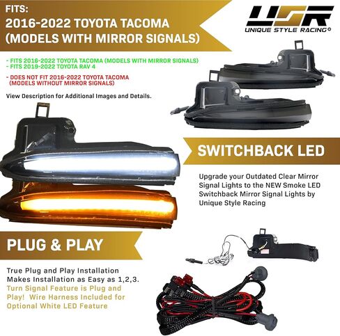 USR 16-21 Tacoma Mirror Signal Lights - Smoke Mirror Turning Signal Lamp Pair Compatible with 2016-2021 Toyota Tacoma (SWITCHBACK White/Amber, BRIGHTEST LED Output on the market + DRL Relay Wire) in Kuwait