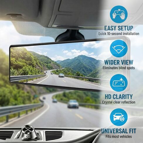 Car Rear View Mirror, 11.26 Inch HD Anti-Glare Panoramic Mirror, Wide Angle Clip-On Convex Mirrors, Universal Vehicle Interior Rearview Mirrors Accessories for Reduce Blind Spot (Black) in Saudi Arabia
