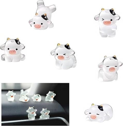 6 PCS Car Cow Dashboard Decorations, Luminous Cute Ornament, Different Pose Funny Mini Rearview Mirror Decoration, Self-adhesive Interior Accessory for Cars Trucks SUVs (White) in Kuwait