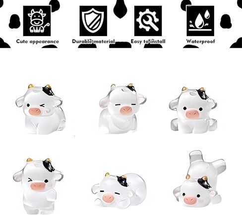6 PCS Car Cow Dashboard Decorations, Luminous Cute Ornament, Different Pose Funny Mini Rearview Mirror Decoration, Self-adhesive Interior Accessory for Cars Trucks SUVs (White) in Kuwait