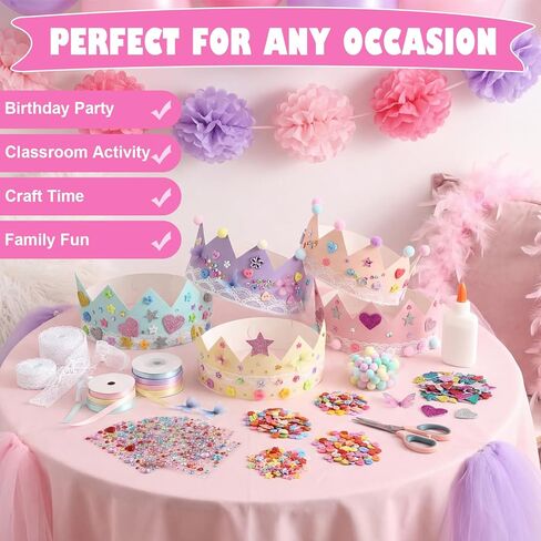 Affrolling 794 Pcs Paper Crowns DIY Princess Hats Birthday Party Crowns DIY Making Craft Kit to Decorate with Lace Gems Butterfly Button Stickers Poms for Women Ladies Nights Event Bridal Shower Party in Saudi Arabia