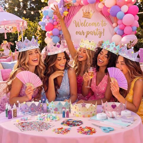 Affrolling 794 Pcs Paper Crowns DIY Princess Hats Birthday Party Crowns DIY Making Craft Kit to Decorate with Lace Gems Butterfly Button Stickers Poms for Women Ladies Nights Event Bridal Shower Party in Saudi Arabia