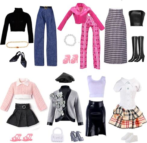 22 قطعة من ملابس الدمى للدمى مقاس 11.5 بوصة، مجموعة أزياء الدمى، مجموعة Preppy وسترة جلدية وبنطلون، مجموعات تنورة مربعات، تنورة زهرية، تنورة منتفخة، أحذية مجوهرات in Kuwait