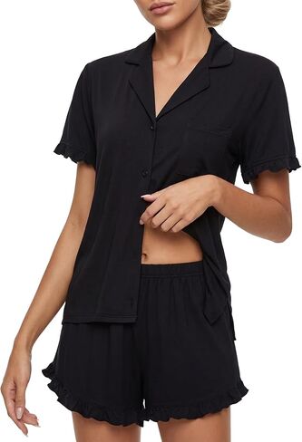 Vrtige Women's 2 Piece Pajamas Set Button Down Short Sleeve Shirt and Shorts Sleepwear PJs Set Plain Black Medium in Saudi Arabia
