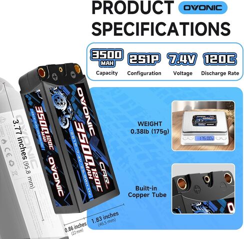 OVONIC 2S HardCase Lipo Battery 7.4V 3500mAh 120C with 5.0 Bullet Dean-Style T Connector for RC Car Truck Vehicles Boat Drone Airplane Quadcopter Helicopter FPV Racing Hobby Models 2 Batteries in Kuwait