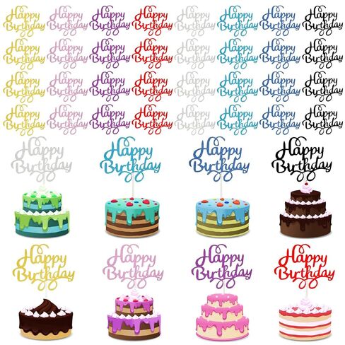 Boao 40 Pieces Birthday Cake Toppers 5.3 x 3.94 in Happy Glitter Birthday Cupcake Topper Cake Party Supplies Decorations for Children or Adults, 8 Colors in Kuwait