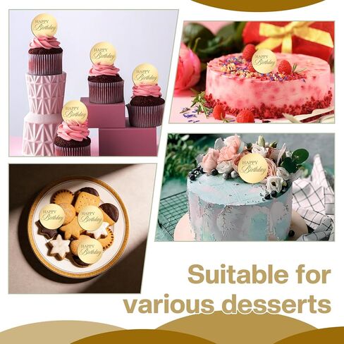 20pcs Gold Happy Birthday Cupcake Toppers Mirror Acrylic Happy Birthday Cake Toppers Decoration Circle Round Engraved Cake Picks For Birthdays Anniversary Party Decorations in Saudi Arabia