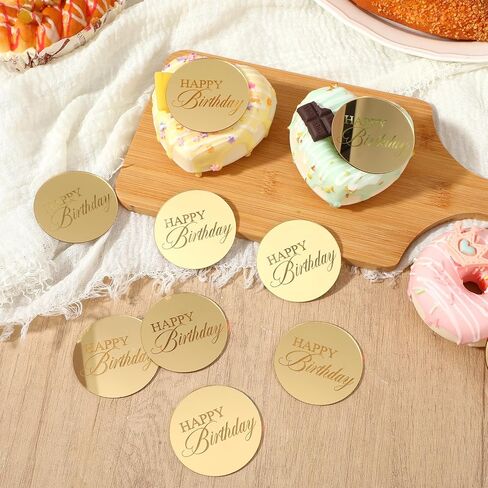 20pcs Gold Happy Birthday Cupcake Toppers Mirror Acrylic Happy Birthday Cake Toppers Decoration Circle Round Engraved Cake Picks For Birthdays Anniversary Party Decorations in Saudi Arabia
