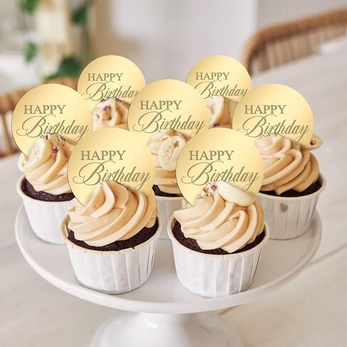 20pcs Gold Happy Birthday Cupcake Toppers Mirror Acrylic Happy Birthday Cake Toppers Decoration Circle Round Engraved Cake Picks For Birthdays Anniversary Party Decorations in Saudi Arabia