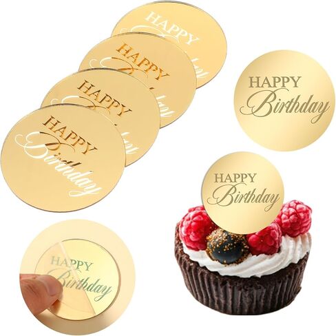 20pcs Gold Happy Birthday Cupcake Toppers Mirror Acrylic Happy Birthday Cake Toppers Decoration Circle Round Engraved Cake Picks For Birthdays Anniversary Party Decorations in Saudi Arabia
