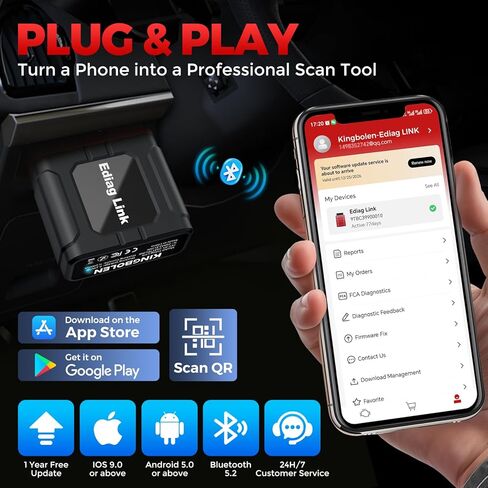 KINGBOLEN Ediag Link OBD2 Scanner Bluetooth,All System Bidirectional Scan Tool for iOS & Android,10+ Hot Reset Functions, Code Reader for Cars and Trucks,CANFD Protocol,FCA AutoAuth,1 Year Free Update in Kuwait