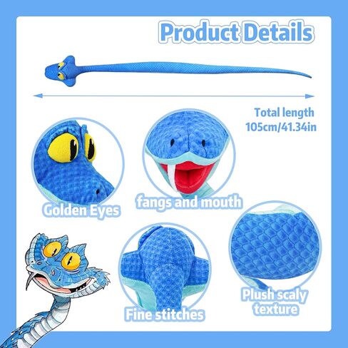 41-Inch Poseable Blue Snake Plush, Bendable Cartoon Stuffed Snake, Soft Plush Body for Room Decor, Fan Collection & Animal Lovers in Kuwait
