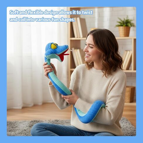 41-Inch Poseable Blue Snake Plush, Bendable Cartoon Stuffed Snake, Soft Plush Body for Room Decor, Fan Collection & Animal Lovers in Kuwait