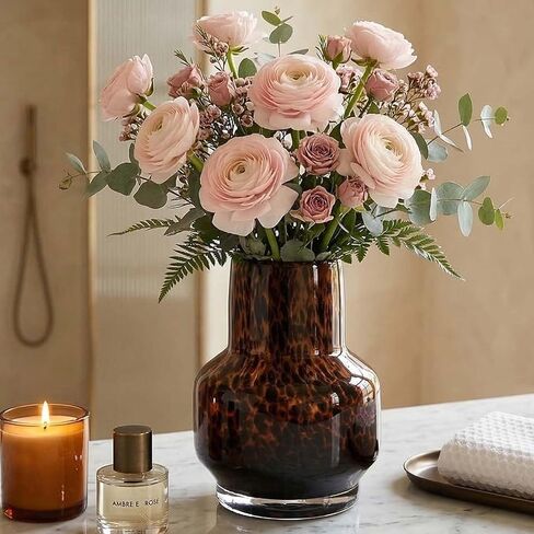 Amber Vase – Brown Glass, Modern Clear Glass Vase with Wide Mouth for Flowers, Decorative Bottles for Home Decor, Farmhouse Centerpiece, Round Art Glass Vase for Living Room, Kitchen, Office (S) in Saudi Arabia