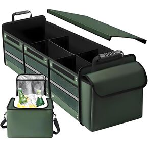 Collapsible Trunk Organizer for Car with Insulated Leakproof Cooler Bag, 3 Compartments SUV Cargo Organizer w/Removable Dividers, 5-in-1 Storage w/Foldable Lid & 2 Tie-Down Straps (Green) in Saudi Arabia