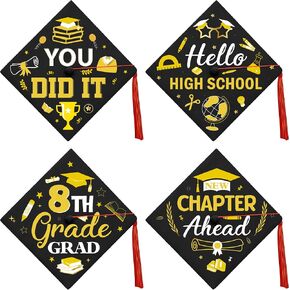 24 Pcs 8th Grade Graduation Cap Stickers, Black and Gold Graduation Cap Decorations Kit on 4"×6" Sheets, DIY Hat Decorations for Grads Middle School Ceremony Photo Day, Eighth Grade Decor in Kuwait