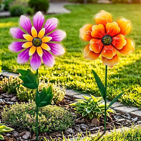 2 Pack Metal Flower Wind Spinners, Outdoor Garden Stakes with Stable H-Base, Kinetic 3D Floral Windmills for Yard, Lawn, and Pathway Decor (Orange & Purple) in Saudi Arabia