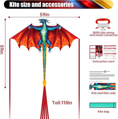 Dragon Kite for Kids & Adults, Easy to Fly for Beginners, 300ft Kite String Included, Perfect for Beach Trips in Saudi Arabia