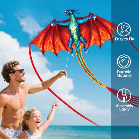 Dragon Kite for Kids & Adults, Easy to Fly for Beginners, 300ft Kite String Included, Perfect for Beach Trips in Saudi Arabia