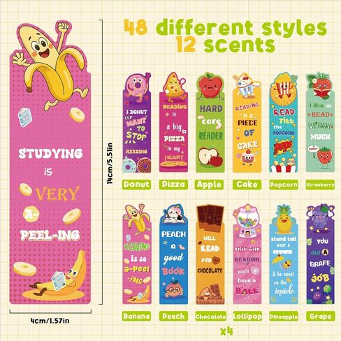 48PCS Scented Bookmarks Scratch and Sniff Bookmark Bulk Paper Bookmarks for Kids Adults Women Students Readers Book Lovers Gifts, 48 Styles Fun Cute Bookmark Inspirational Book Marks with Pun Quotes in Saudi Arabia
