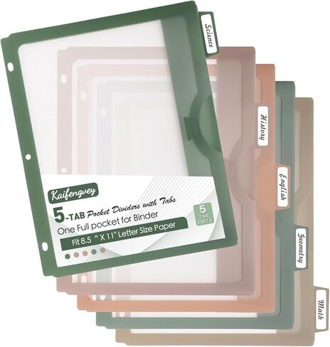 Binder Divider with Tabs One Full Pocke Dividers 5 Tab for 3 Ring Binder, Clear View Binder Dividers for Letter Size 8.5 x 11' Index Dividers for Office, Home, School Morandi (5TAB-1SET Dividers) in Saudi Arabia